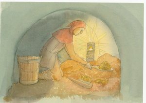 Ein mittelalterlicher Gongfermour oder Gong-Bauer bei der Arbeit