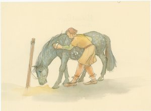 Ein mittelalterlicher Stallbursche bürstet ein Pferd