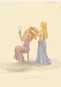 Eine mittelalterliche Hofdame, die das Haar einer Dame bürstet von Judith Dobie