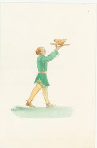 Ein mittelalterlicher Kellner, der eine Platte mit Essen trägt, 2004