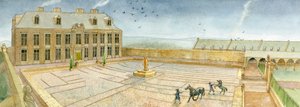 Das Cholmley-Herrenhaus Bankettsaal und Vorhof in Whitby Abbey im Jahr 1700