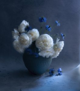 Dunkelblaues Blumenstillleben von Judy Tseng