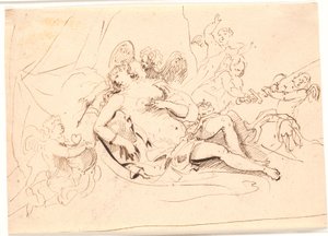 Ruhende Venusfigur, umgeben von sechs Putti, die mit Schwert, Pfeil und Herz spielen