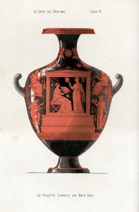 Griechische Vase, die eine Frau bei ihrer Toilette zeigt, die eine Schachtel mit Kosmetika und Parfums hält, unterstützt von einer Sklavin, die einen Fächer schwenkt