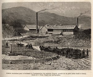 Mexikanische Arastras (Bereich, der von den Füßen der Maultiere zertrampelt wird, wie beim Treten der Ähren) zur Zerkleinerung und Amalgamierung von Silbererzen (Gould- und Curry-Fabriken) in der Nähe von Virginia City (Nevada), Gravur nach J. Ferats Zeich