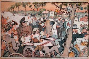 Karikatur von M. Fournier, der sich auf die Paris-Berlin-Rallye vorbereitet von Jules Abel Faivre