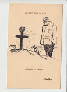 Postkarte, Satirisch in Schwarz-Weiß, ca. 1915: Tag der Toten - Krieg von 14-18, Trauer, Beerdigungen - Joffre, Soldaten Illustration von Abel Faivre (1867-1945) von Jules Abel Faivre