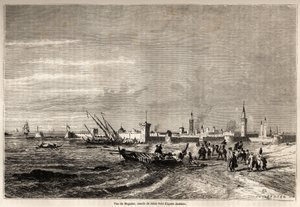 Ansicht von Essaouira (ehemals Mogador), Zeichnung von Jules Noel (1810-1881), zur Illustration der Reise von Herrn F. Schickler nach Marokko im Jahr 1860. Gravur in „Le tour du monde, nouveau journal des voyages“ Paris. von Jules Achille Noel