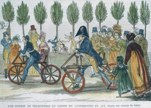 Ein Velocipede-Rennen im Jardin du Luxembourg im Jahr 1818 nach einem Stich der Zeit, graviert von P. Comte (19. Jahrhundert)