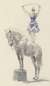 Turner steht auf dem Rücken eines Pferdes (Farblithografie)