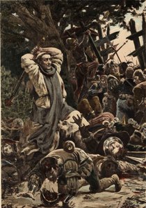 Bruder Jean, Mönch der Abtei Seuille, schlägt die Soldaten der Armee von Picrochole, König von Lerne, mit einem Stock. Gargantua. Illustration von Jules Garnier. In „Rabelais et l