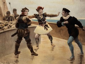 Streit zwischen Panurge (rechts) und Dindenaut (Dindenault), einem Händler aus Taillbourg, der sein Schwert verweigert. Pantagruel. Illustration von Jules Garnier. In „Rabelais et l