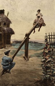 Mann und Frau spielen Bacule. Illustration von Jules Garnier. In "Rabelais et l