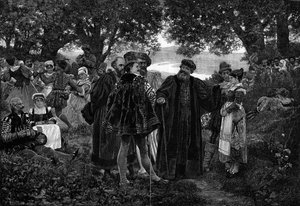Rabelais, Meudons Pfarrer. Der Schriftsteller François Rabelais (1483-1553) als Gastgeber eines Festes im Wald von Meudon. Er war von 1551 bis 1553 Pfarrer von Meudon. Gravur nach einem Gemälde von Jules Garnier (19. Jahrhundert) in „Die illustre Welt“ Nr. von Jules Arsene Garnier