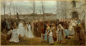 Das Aufstellen eines Kalvarienbergs. Prozession vor einer bretonischen Kirche. Gemälde von Jules Breton (1827-1906) 1858 von Jules Breton