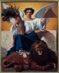 Die Republik. Allegorie der Republik als Engel mit Krone, Strahlenbündel und Delta, auf einem Löwen stehend von Jules Claude Ziegler