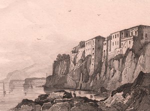 Blick auf Sorrent mit dem Haus von Torquato Tasso, Kampanien, Italien, Stahlstich von Sauvage nach einer Zeichnung von Jules Coignet