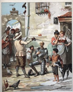 Vor einem Gasthaus, Don Quixote wird zum Ritter - Illustration von Jules David (1808-1892) aus Histoire de Don Quixote (Don Quixote) - 1887 - von Miguel de Cervantes Saavedra (1547-1616)