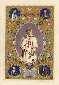 Porträt von Saint John of Matha, Gründer des Ordens der Heiligsten Dreifaltigkeit, mit Heiligenschein, in Kreuzritterroben, hält Fesseln befreiter Christen
