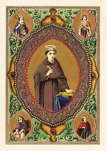 Porträt des Heiligen Thomas von Aquin, mit Heiligenschein, Federkiel und Bibel, in einem dekorativen Rahmen aus Laub und Gold