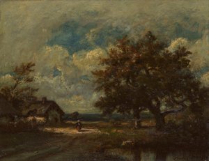Das Häuschen am Straßenrand, stürmischer Himmel von Jules Dupré
