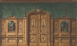 Entwurf für einen Raum mit Holzpaneelen und stark geschnitzter Doppeltür, 1830-97