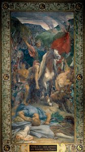 Attila, König der Hunnen, und seine Armee von Barbaren marschieren 450 auf Paris