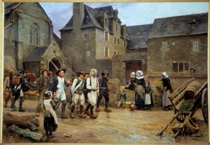 Französische Revolution: „Die Aufstände von Fouesnant“ Darstellung des Nedelec-Falls, verbunden mit der Einführung des neuen Justizsystems, Friedensrichter Alain Nedelec weigert sich, ohne ein vom König unterschriebenes Patent zu sitzen. Die Unruhen endete von Jules Girardet