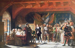 Francis de Bonnivard (1496-1570) der Gefangene von Chillon, vor den Herzog von Savoyen gebracht im Jahr 1530, 1870 von Jules Hippolyte Ravel