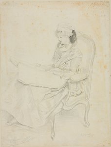 Sitzende junge Frau beim Lesen von Jules Jacquet