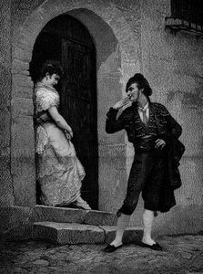 Der Start des Stierkämpfers für das Rennen. 19. Jahrhundert. Gravur nach einem Gemälde von Rougeron (Jules James Rougeron) von Jules James Rougeron