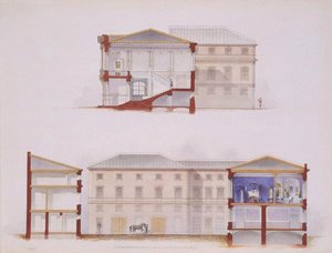 Der Stroganov-Palast in Sankt Petersburg. Plan der Fassade und des Querschnitts von Jules Mayblum