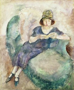 Mädchen in Blau liest auf einem Sofa, 1926-27 von Jules Pascin