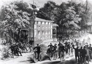 Ein Velocipede-Rennen im Pré Catelan, um 1860-70 von Jules Pelcoq