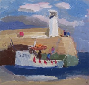 Figuren auf einer Hafenmauer, Cornwall von Julian Bailey