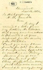 Brief unterzeichnet von Julian Bates, Florissant, an Seine Exzellenz H.R. Gamble, 16. September 1862 von Julian Bates