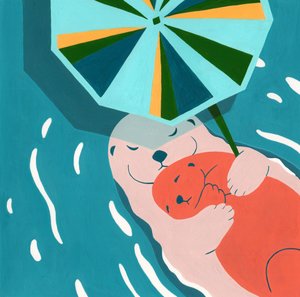 Kuschelnde Otter unter Regenschirm