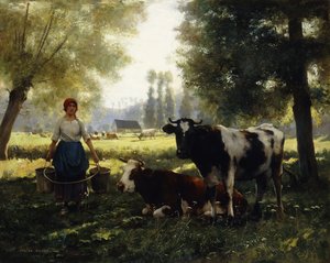 Eine Milchmagd mit ihren Kühen an einem Sommertag von Julien Dupre