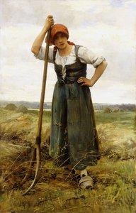 Bäuerin, die sich auf eine Heugabel stützt von Julien Dupre