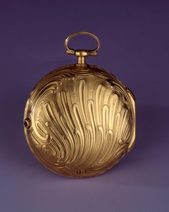 Goldene Uhr in Muschelrocaille (Gold, Messing und Emaille) von Julien Le Roy (1686-1759) von Julien Le Roy
