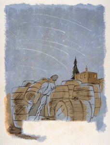 Humorvolle Weinillustration 1946. Illustration von Julien Pavil