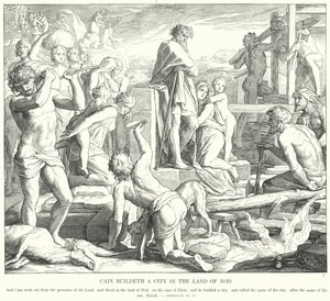 Kain baut eine Stadt im Land Nod (Stich) von Julius (after) Schnorr von Carolsfeld