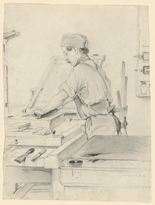 Selbstporträt bei der Arbeit an einer Lithografiepresse von Julius Adam the Elder