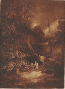 Mondscheinlandschaft mit einem Mönch, der in der Nähe eines Palastes spaziert von Julius Albert Elsasser