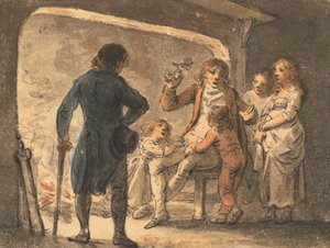 Loderndes Feuer im Herd, der Vater erzählt seinen Kindern die Geschichte von Julius Caesar Ibbetson