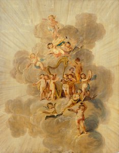 Geflügelte Cherubim mit Musikinstrumenten, Abschnitt der Musikzimmer-Dekorationsleiste, Kenwood House, London (Tapete)