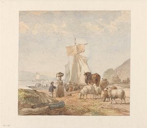 Figuren mit Vieh am Flussufer mit Fähre von Julius Jacobus van de Sande Bakhuyzen