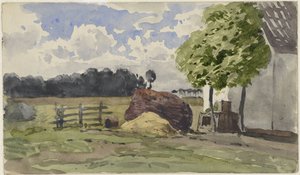 Holzstapel vor einem Bauernhof auf der Wiese von Julius Jacobus van de Sande Bakhuyzen