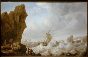 Fischerboot in stürmischer See vor einer felsigen Küste