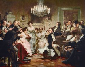 Franz Schubert (1797-1828) am Klavier während eines Schubert-Abends in einem Wiener Salon - Gravur nach Julius Schmid (1854-1935)